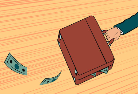 Hand of a wealthy businessman with a case of money. financial crisis. Vector cartoon illustration in pop art styleのイラスト素材