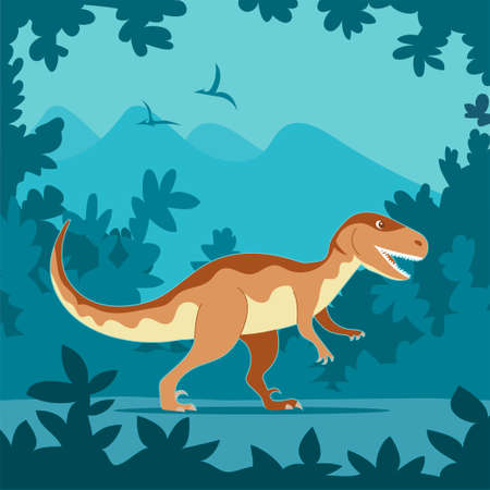 Ancient lizard velociraptor on the background of the forest. Predatory dinosaur of the Jurassic period. strong hunter. Vector cartoon illustrationのイラスト素材