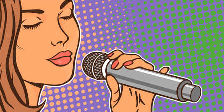 Beautiful woman singer with a microphone. face close up. Music and vocals. Artist at the concert. Vector cartoon illustration in pop art styleのイラスト素材