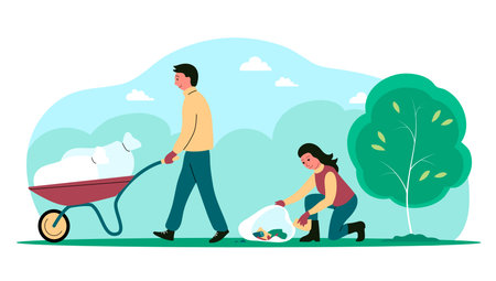 People clean up garbage in the park in nature. A man drives a wheelbarrow, a woman collects waste in a bag. Caring for cleanliness and ecology. vector flat illustrationのイラスト素材