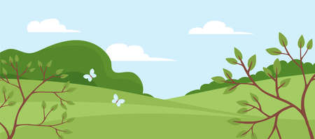 Summer landscape of nature. Panorama with green forests, fields and blue sky with clouds. Butterfly flies. Rural scener. flat vector illustrationのイラスト素材