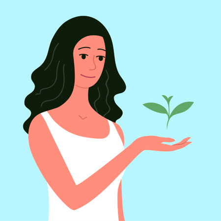The girl holds a green sprout in her handsのイラスト素材