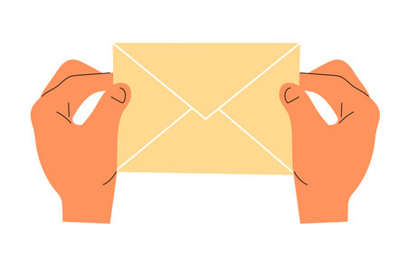 Paper mail envelope in hand on a white background. Remote communication, correspondence. Flat vector illustration isolated on white backgroundのイラスト素材