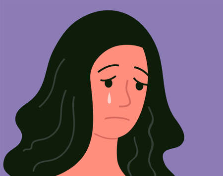 Sad face of a young woman. Unhappy face. Tear from eyes. adult character. flat vector illustrationのイラスト素材