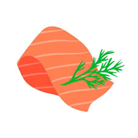 Fresh red fish, green dill. Delicious and appetizing food. Cooking and lunch. Flat vector illustration isolated on white backgroundのイラスト素材