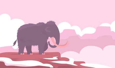 Ancient woolly mammoth. Extinct animal of the Ice Age. Tusks and trunks. Vector cartoon illustration on the background of rocksのイラスト素材