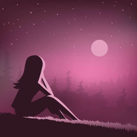 The girl looks at the night forest with the moon and stars. Beautiful fairy violet landscape and fantasy. Sits and reflects. Vector cartoon illustrationのイラスト素材