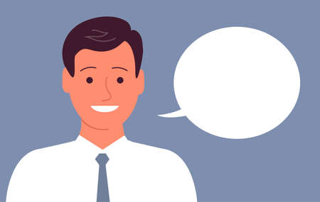 Portrait of a cheerful young man with a happy smile. Business clothes, tie. Talking bubble. Flat vector illustration isolated on white backgroundのイラスト素材