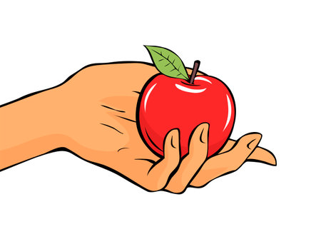 Female hand with a red apple. Eva woman seduces with appetizing fruit. Sweet natural dessert. Health food. Vector illustration isolated on white background. Art hand drawn outlineのイラスト素材