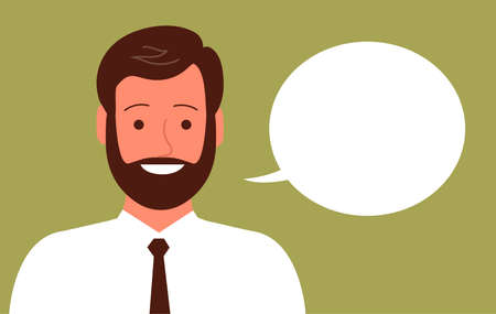 Portrait of a cheerful young man with a happy smile. face with beard. Business clothes, tie. Talking bubble. Flat vector illustration isolated on blue backgroundのイラスト素材