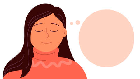 A cute young girl dreams. Closed eyes, a happy smile on face. Empty bubble. Flat illustration isolated on white backgroundの写真素材