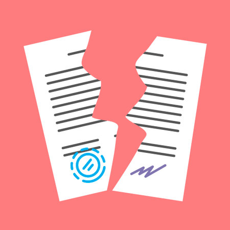 Terminated paper contract for business document with seal and signature. Employment agreement, inheritance, testament. Cancellation, rescission and anger. Flat vector isolated illustrationのイラスト素材