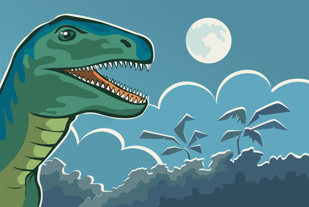 Ancient lizard velociraptor in the night forest. Predatory dinosaur of the Jurassic period. Prehistoric nature background. Vector cartoon art illustration hand drawnのイラスト素材