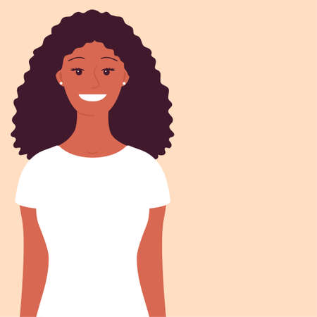 Portrait of young happy african american woman. A welcoming smile on your face. brunette hair. Avatar female consultant. Flat vector isolated illustration. background with place for textのイラスト素材