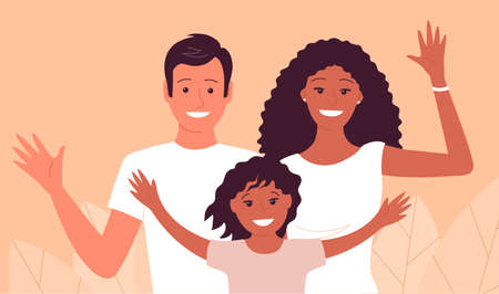 Happy family couple with a child. Father, african american mother and little daughter. welcome gesture. flat vector illustration peopleのイラスト素材