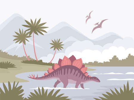 Big stegosaurus with a spiked tail. bathes in water. Ancient lizard. Herbivorous dinosaur of the Jurassic period. Vector cartoon illustration. prehistoric nature. Wild landscape with a lakeのイラスト素材