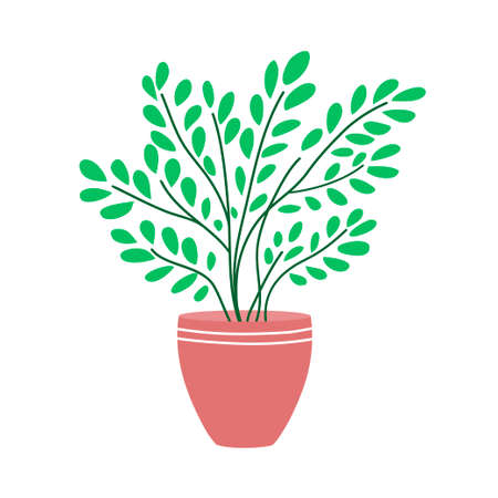 Decorative vase for home flowers. Pot with green plants. Object of a room interior. Flat vector illustration isolated on white backgroundのイラスト素材