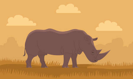 African animal rhinoceros. Large herbivorous mammal with a horn on its nose. wild savanna landscape. wildlife and zoo. cartoon vector illustrationのイラスト素材