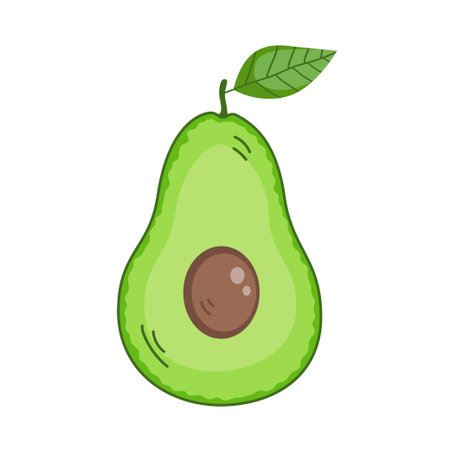 Green ripe avocado fruit with leaf. Sliced half with pulp. Healthy diet food. Culinary ingredients....