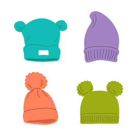 Set of winter hats for children. Seasonal warm blue hat. Cute baby clothes. beauty and fashion. Modern stylish clothes and wardrobe. Flat vector illustration isolated on white backgroundのイラスト素材