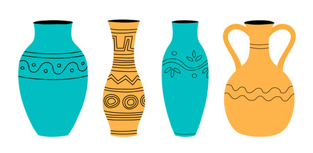 Set of vases for home flowers with a striped pattern. plant pot. Element of a room interior. Ancient greek style and design. Flat vector illustration isolated on white backgroundのイラスト素材