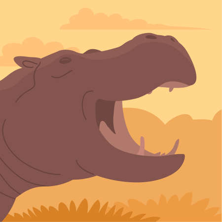 Large adult hippo. open mouth. head portrait. Wild and dangerous aquatic animal of Africa. Herbivorous mammal. wild landscape. Flat vector color illustrationのイラスト素材