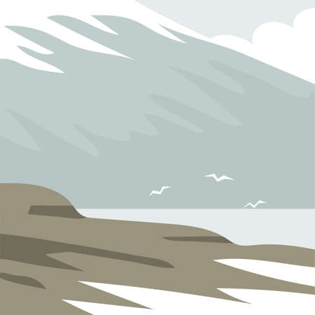 Cold landscape of Iceland. Snow, rocks, mountains and sea. Wildlife of Iceland, Norway, Alaska. nature and travel. Flat vector illustration for backgroundのイラスト素材
