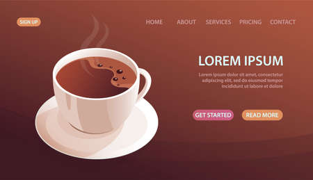 A cup of hot coffee on a saucer. Morning drink with caffeine. Fragrant tasty drink. Cappuccino, expresso. Design for banner, website, poster. Vector realistic illustration on a brown backgroundのイラスト素材
