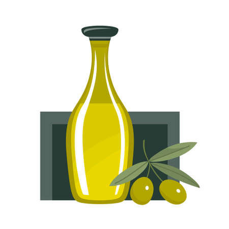 Glass bottle of olive oil. Branch of olive. Italian food. Useful food ingredient for a recipe. Healthy diet food. Italy plant. Vector cartoon illustration isolated on white backgroundのイラスト素材