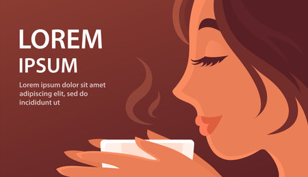 A beautiful young girl is drinking hot tea or coffee. Drink with caffeine. coffee aroma. Nice morning. Happy face with a smile. Design template for banner, poster, label. cartoon vector illustrationのイラスト素材