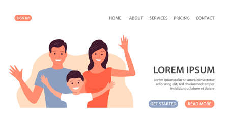 Happy family couple with a child. Father, mother and little son. welcome gesture. Design template for banner, website. Flat vector illustration isolated on white backgroundのイラスト素材