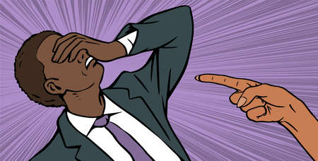 The young man is in great despair. African American. Angry boss woman scolding office worker. Nervous work, stress, problem, quarrel and criticism. cartoon vector illustration. pop art styleのイラスト素材