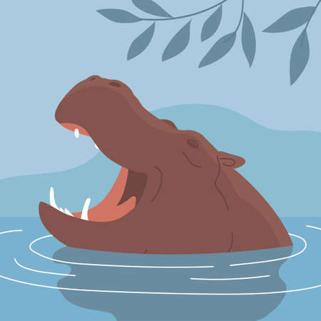 Large adult hippo. Floats in the water. head with open mouth. Wild and dangerous aquatic animal of Africa. Herbivorous mammal. fauna and zoo. Flat vector illustration isolated on white backgroundのイラスト素材