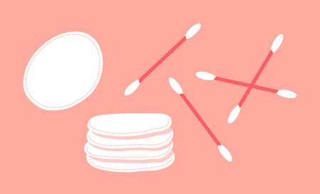A set of soft cotton sponges and buds. Health care, body cleanliness and hygiene. Facial and makeup. Soft cosmetic item. female face. Vector flat isolated illustrationのイラスト素材