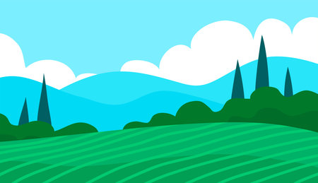 Summer italian landscape of nature. Panorama with green forest, cypress, fields and blue sky with clouds. Rural scener. flat vector illustrationのイラスト素材