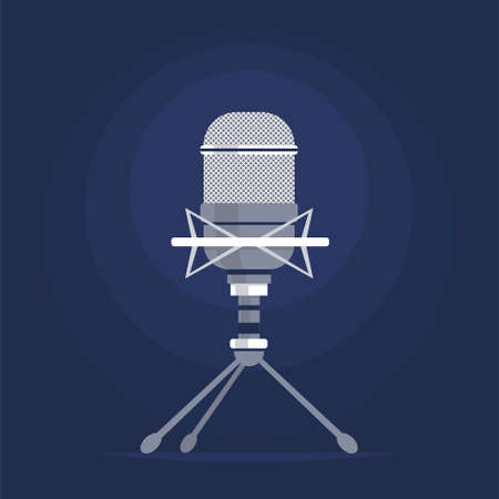studio microphone. Recording studio audio, radio, podcast. Equipment for singing and speaking. Pop culture and entertainment. Flat vector illustration on blue backgroundのイラスト素材