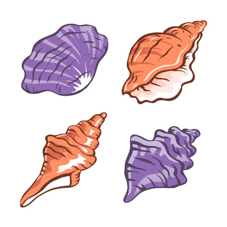 Seashell set. Snail seashell. marine underwater twisted seashell. spiral shape. Undersea mollusk. animal and wildlife. Cartoon isolated art illustration hand drawn. vector sketchのイラスト素材