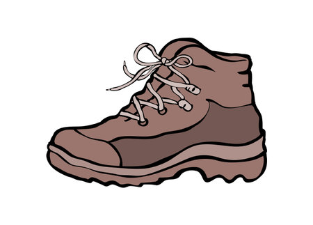 Tourist hiking boot. fashion shoes. Travel equipment. active lifestyle. Cartoon vector illustration isolated on white background. hand drawn outline styleのイラスト素材