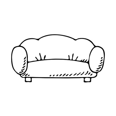 Soft sofa. Comfortable home furniture. interior object. Cartoon vector outline illustration isolated on white background. hand drawn sketch black and whiteのイラスト素材