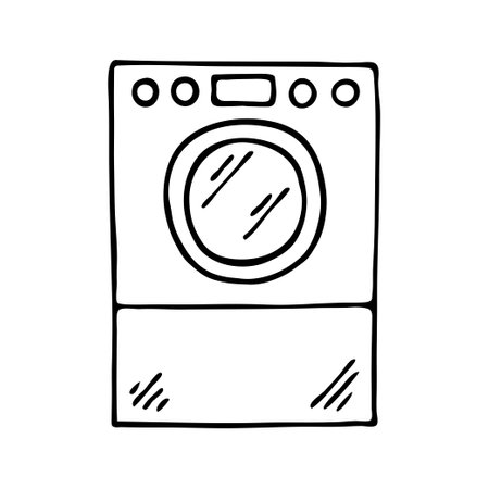 washing machine sketch. Household appliances for washing linen and clothes. Vector black and white isolated illustration. hand drawn outlineのイラスト素材