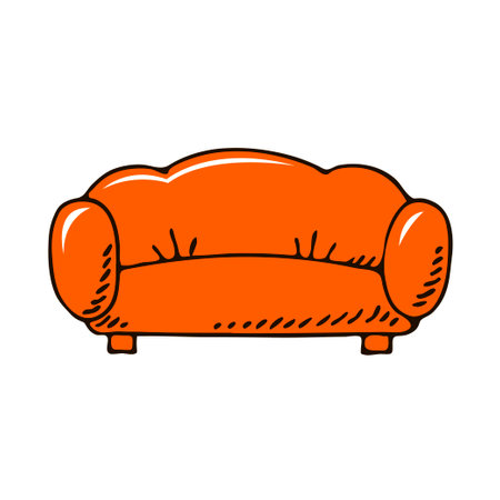 Soft red leather sofa. Comfortable home furniture. interior object. Cartoon vector outline illustration isolated on white background. hand drawn sketchのイラスト素材