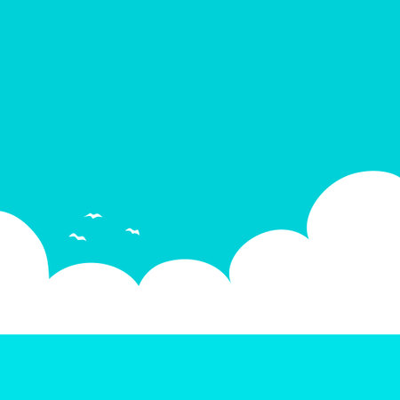 Landscape of calm sea with seagulls, cloud and blue sky. beautiful nature. wild beach. summer sea. flat vector illustration backgroundのイラスト素材