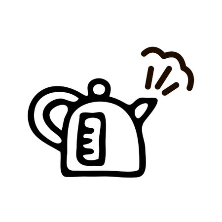 Simple electric kettle icon. Hot kettle boils. Kitchen appliance for heating water for tea and coffee. Vector art illustration isolated on white background. hand drawn sketch outlineのイラスト素材