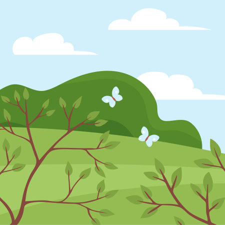 Summer landscape of nature. Green forests, fields and blue sky with clouds. Butterfly flies. Rural scener. flat vector illustrationのイラスト素材