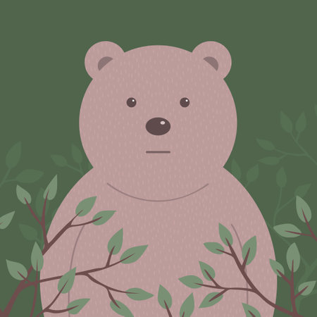Cartoon head of a kind bear on forest background. tree foliage. character for children. wild animal. Flat vector isolated illustrationのイラスト素材