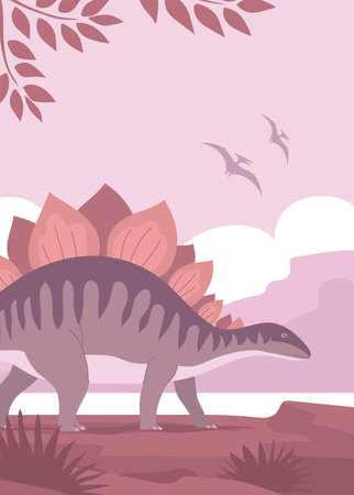 Stegosaurus with spikes on the tail. Herbivorous dinosaur of the Jurassic period. Prehistoric wildlife landscape. cartoon vector illustrationのイラスト素材