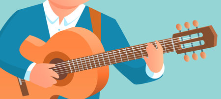 A man plays the guitar. Hands of a guitarist close up. guitar lessons. School of music. classical musical instrument. Vector cartoon illustrationのイラスト素材