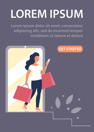 A beautiful girl goes shopping and talks on the phone. In the hands of the packages. Buy online concept. Design for poster, banner, website. vector flat illustrationのイラスト素材