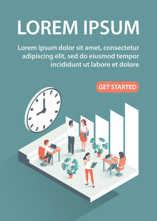 people in the office. Men and women work at computers in a business center. Teamwork and interaction. Design for poster, banner, website. vector isometric illustrationのイラスト素材