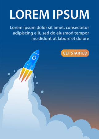 A space rocket flies high to the stars. Behind it is a fiery flame. Concept of start and success. Design for poster, banner, website. cartoon vector illustrationのイラスト素材